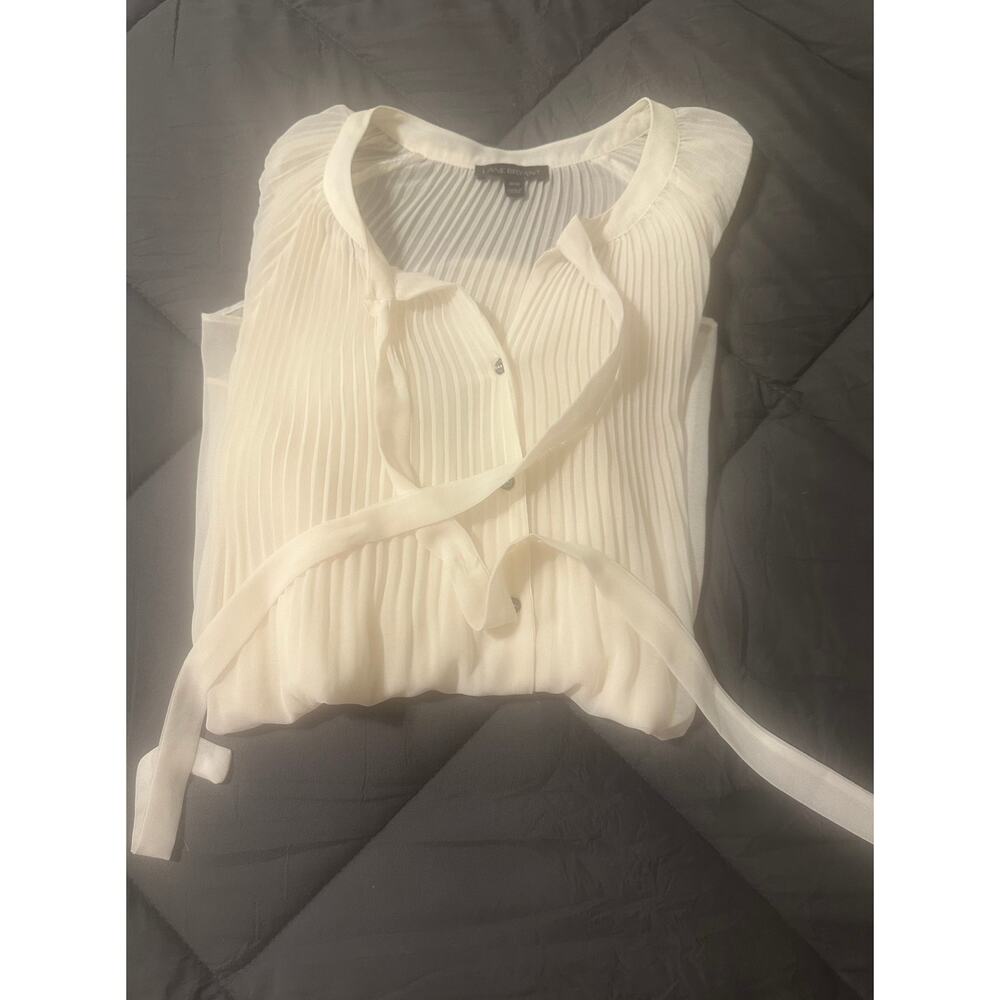Lane Bryant Tie Neck Blouse 14/16 Cream Sheer Button Down